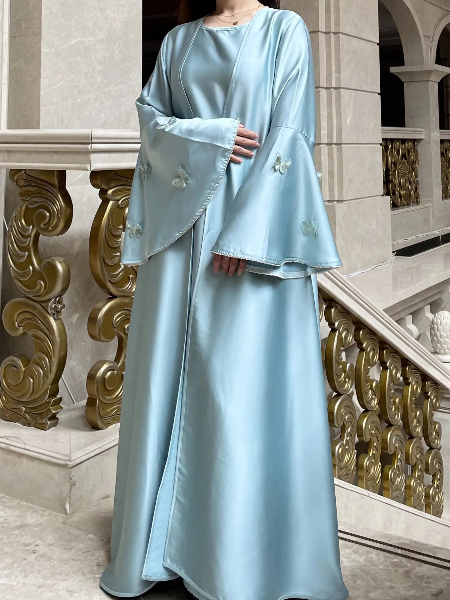 Muslim Women Abaya Dress 2 Piece Set Butterfly Satin Lace-up Morocco Caftan Inner Dress Musulman Ensembles Cadigan Outfit Suits