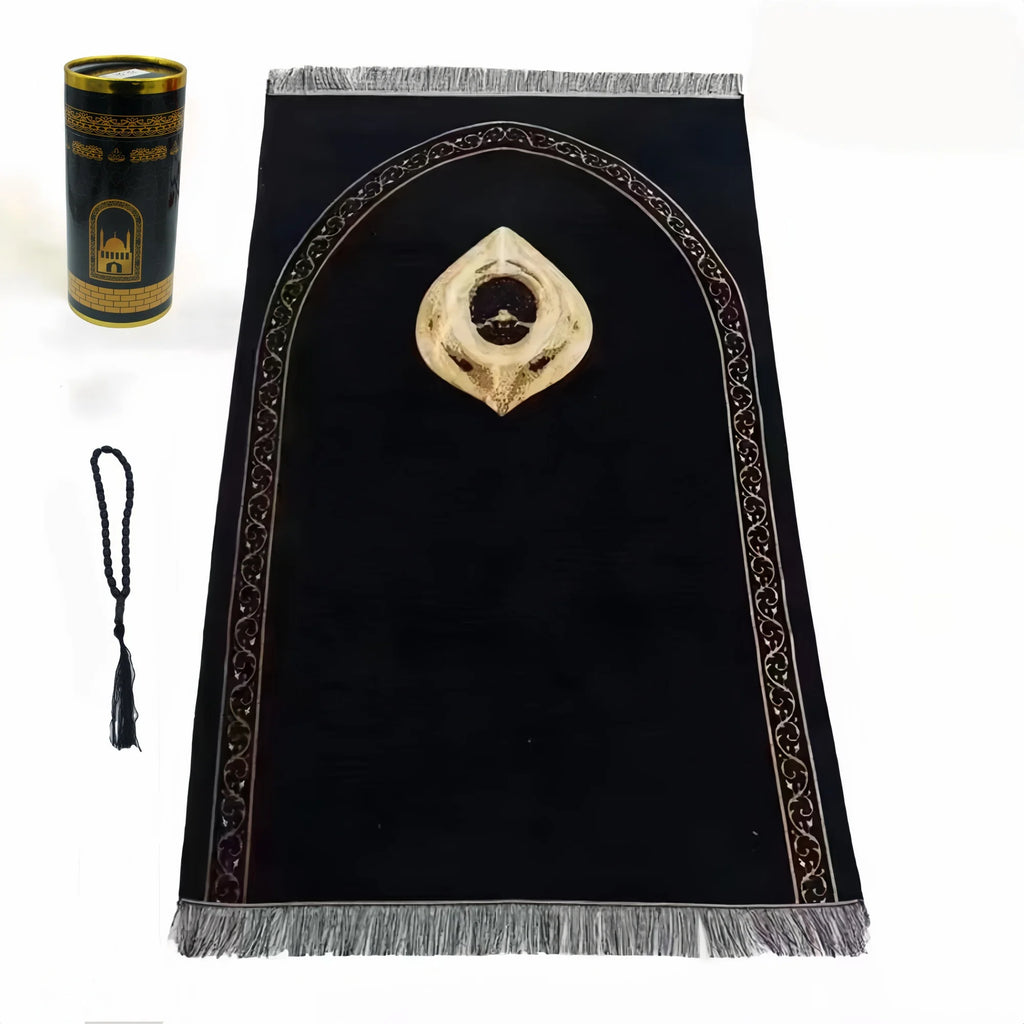 Muslim Prayer Rug and Prayer Beads with Elegant Design Cylinder Gift Box Soft Islamic Gifts Set Carpet Mat Black