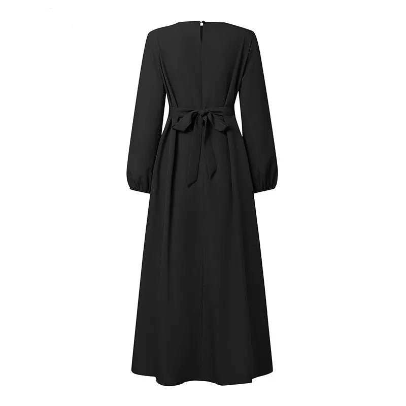 Dresses Modest Ruffles Trim O-Neck Lantern Sleeve Tied-Back Maxi Dress Muslim Woman Clothes 3XL