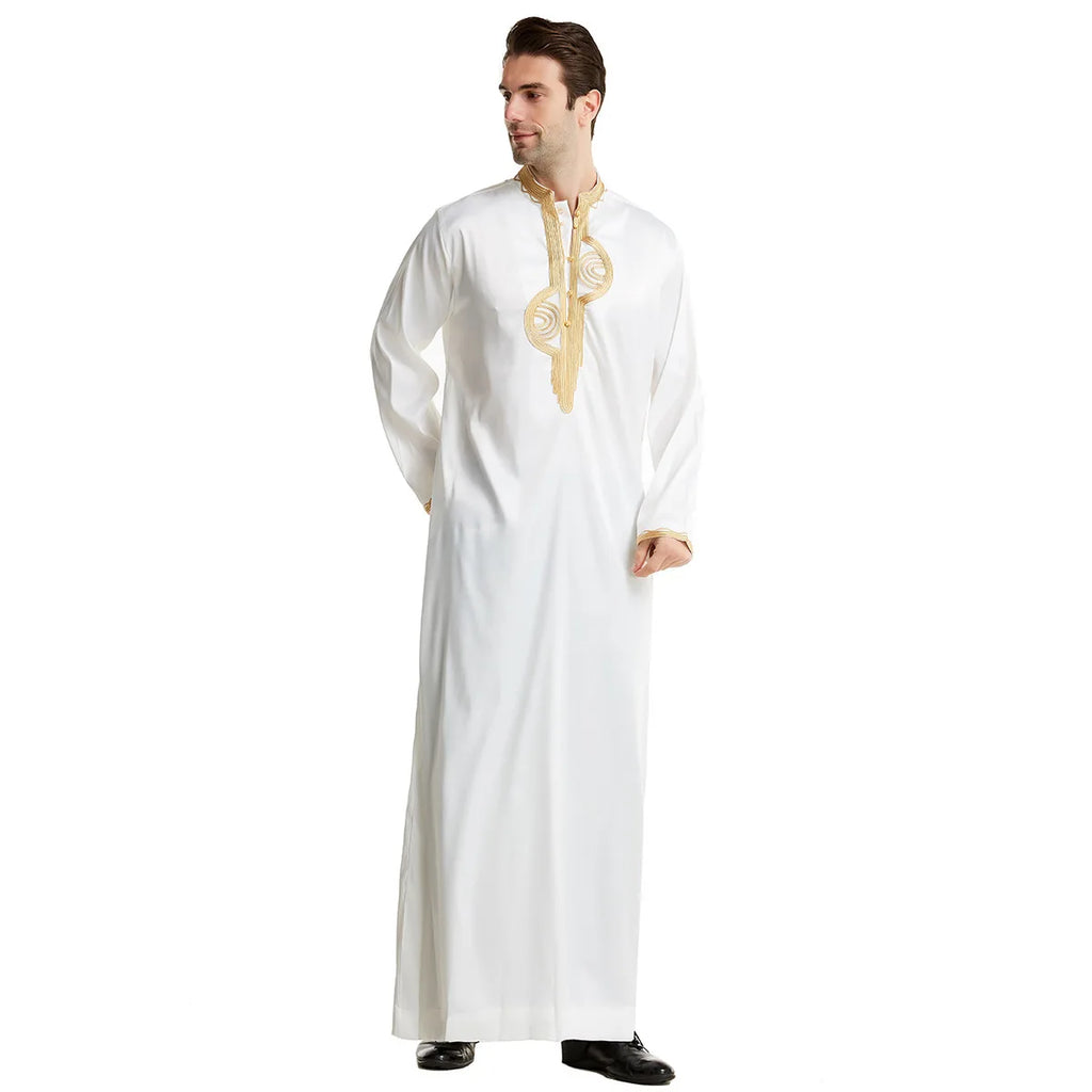 Men's Fashion Embroidered Long Robe Muslim Jubba Thobe Stand Collar Long Sleeve Daily Wear Polyester Spring Autumn