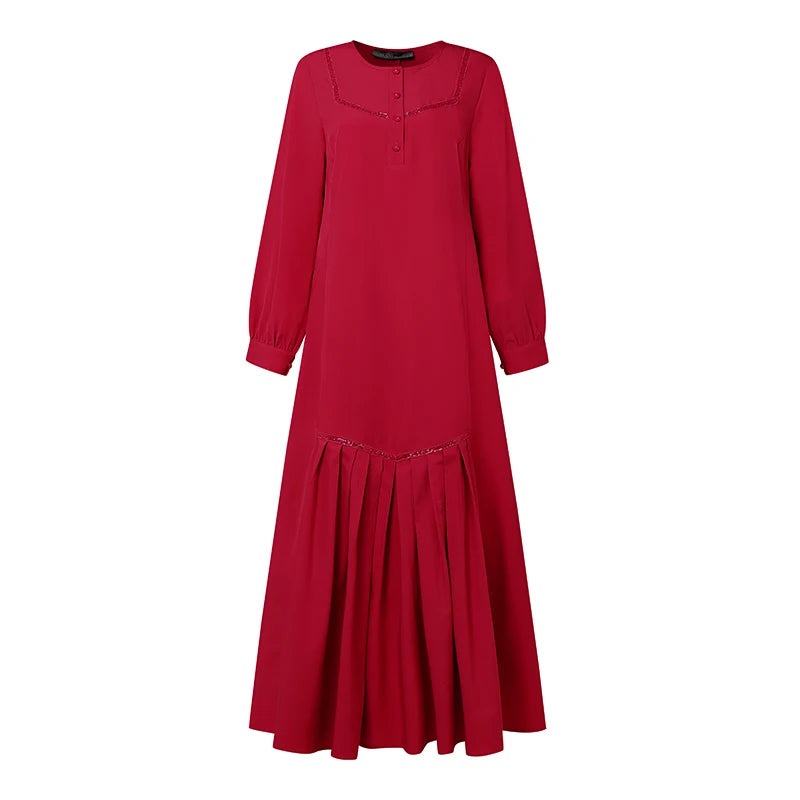 Dress Elegant Women Maxi Dresses Fashion Long Lantern Sleeve Robe Pleated Sundress IsIamic Clothing
