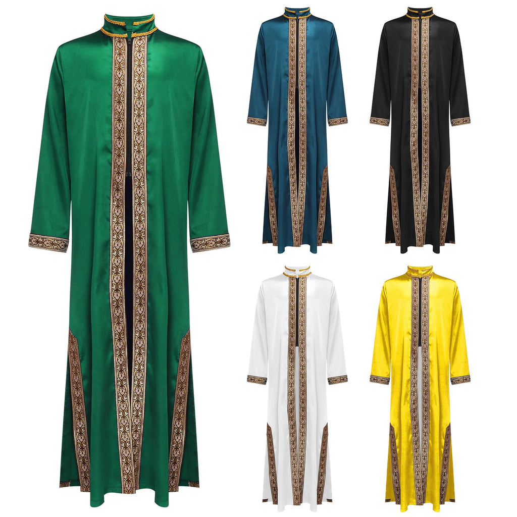 Boys Islamic Robe Kaftans Arab Gown Long Sleeves Slit Zipper Gold Embroidery Maxi Muslim Thobe Kids Festival Holiday Costume