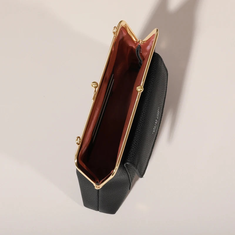 Women's Elegant PU Leather Clutch Wallet, Modern Kiss Lock & Zipper Design, Crossbody Bag With Adjustable Strap