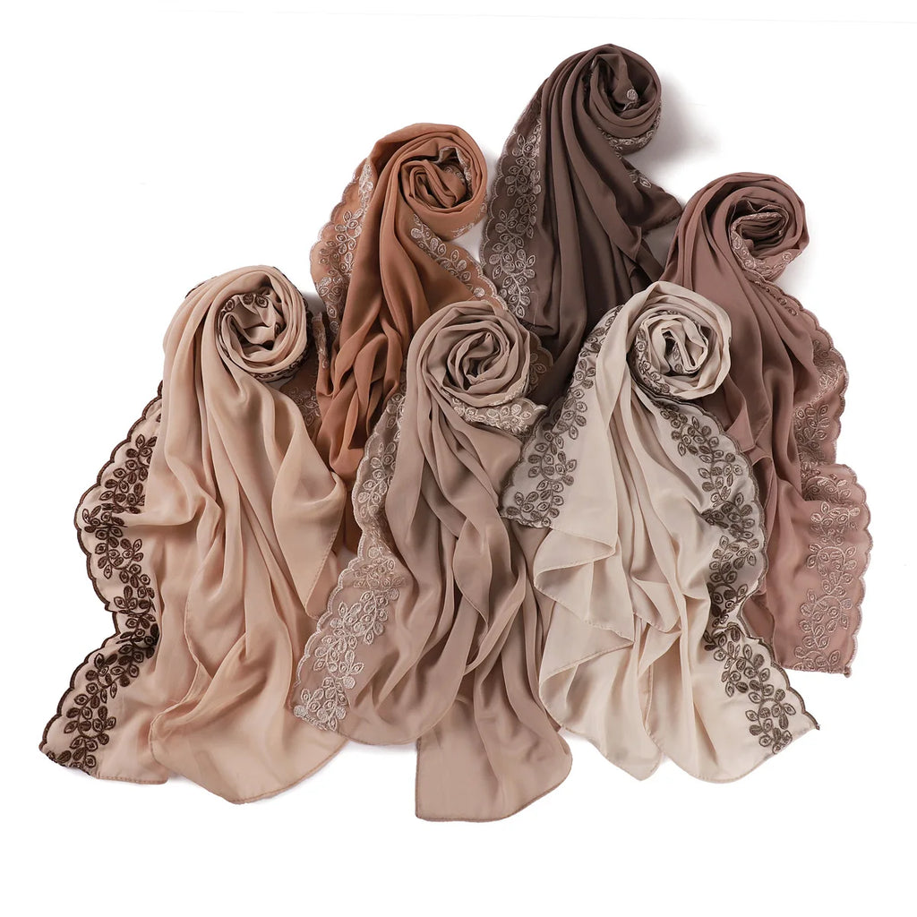 Embroidery Lace Chiffon Hijabs for women Vine Heavy Pearl Industry Edge Long Scarf Light Scarf Headscarf Shawl Turban Ramadan