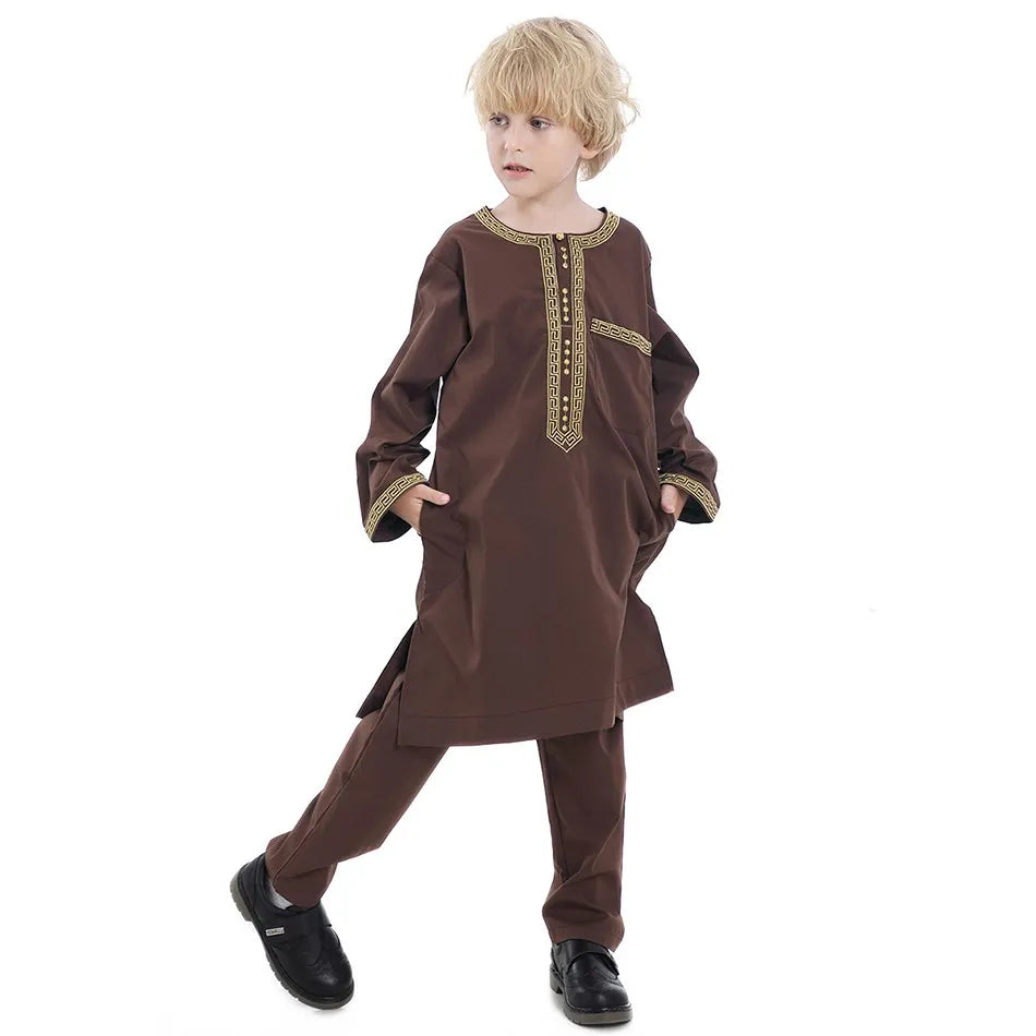 Ramadan Eid Muslim Boys Clothing Set Arab Thobe 2-Piece Outfit Long Sleeve Traditional for Kids Summer National Festival Costume