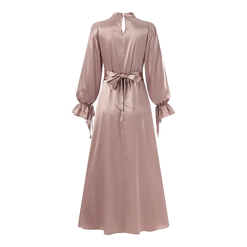 Elegant Satin Long Dresses Women Muslim Fashion Cinched Waist Hijab Islamic Abaya Robes utumn Long Sleeve Vestidos