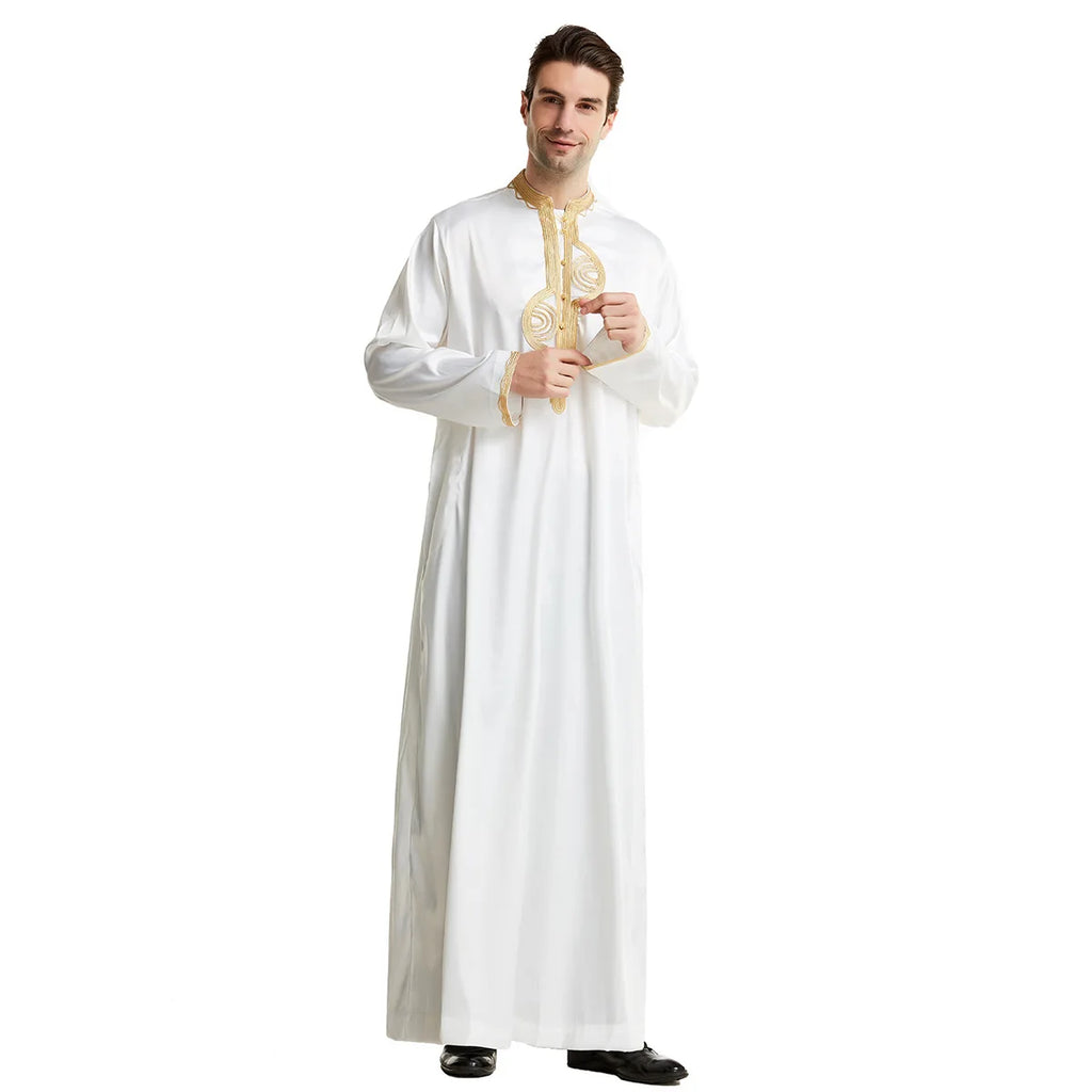 Men's Fashion Embroidered Long Robe Muslim Jubba Thobe Stand Collar Long Sleeve Daily Wear Polyester Spring Autumn