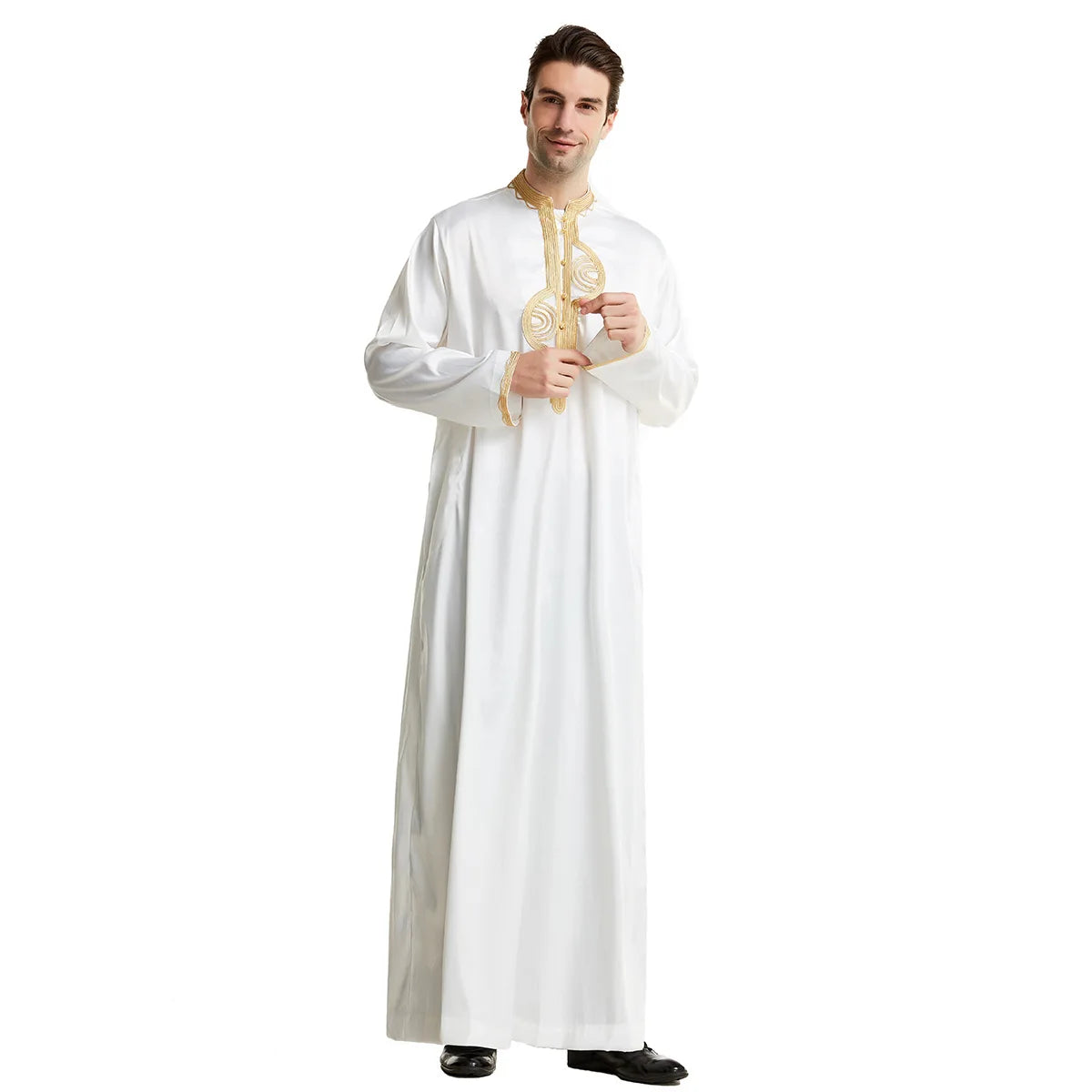 Men's Fashion Embroidered Long Robe Muslim Jubba Thobe Stand Collar Long Sleeve Daily Wear Polyester Spring Autumn