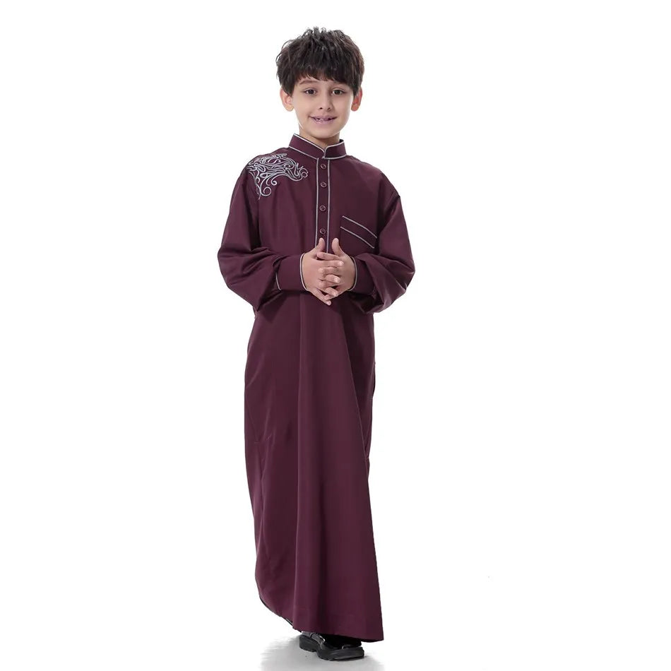 2025 New Kids Robe Children Embroidery Outfit Boys Ramadan Thawb Teens Long Sleeve National Clothes Arab Muslim Thobe 5-12 Years