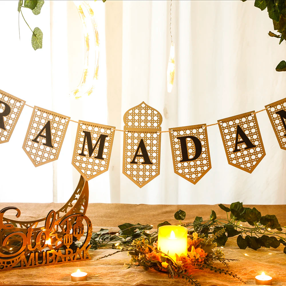 Ramadan Mubarak Banner - Hollow Lantern Hanging Garland for Islamic Muslim Eid Festival Home Party Ornament Wall Decor Supplies