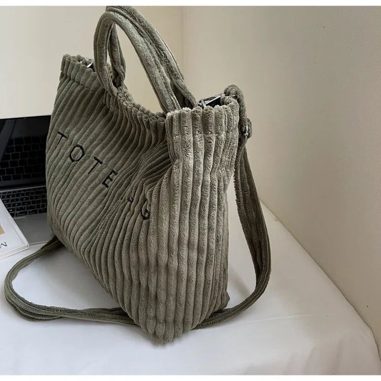 Large Capacity Striped Velvet Handbag Shoulder Bag for Woman Handbags Crossbody Bags, Versatile Letter Corduroy Women's Tote Bag