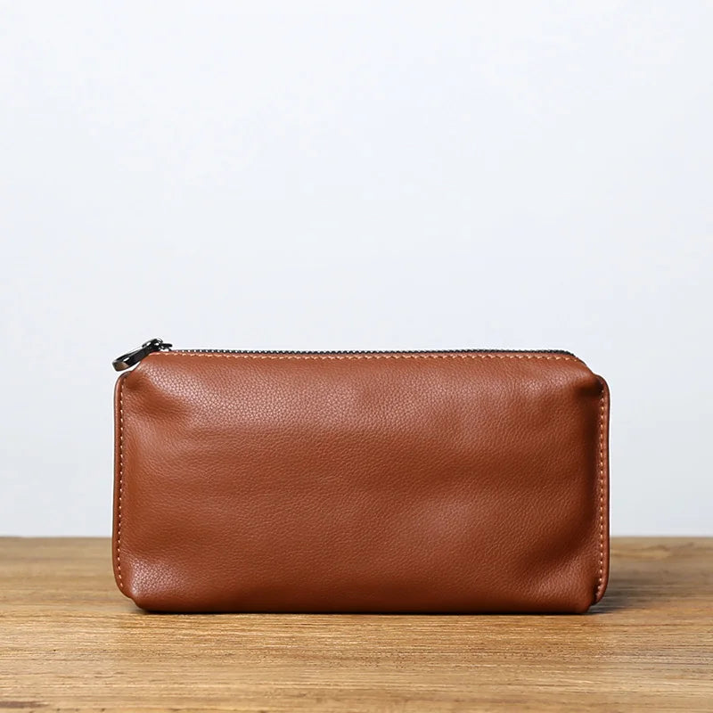 Leather Leisure  With Long Purse, Soft Leather, Hand Zipper, Money Chuck Layer, Cowhide Credit Card Bag, Cell Phone Bag