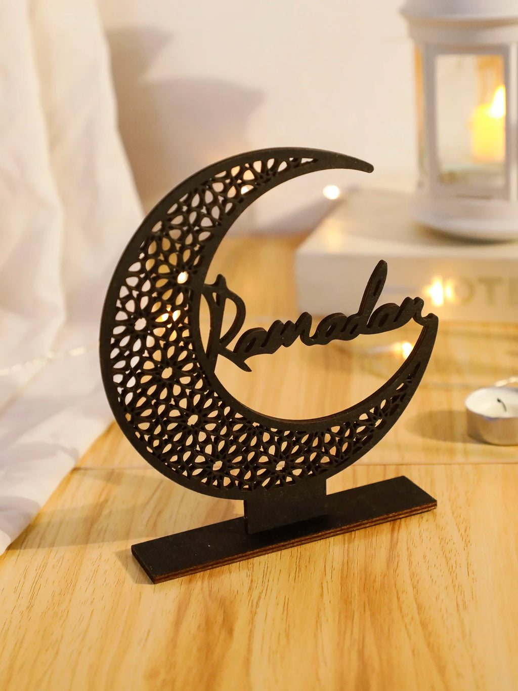 Eid Mubarak Wooden Moon Ornaments，Black Ramadan Kareem muslim decor ，Happy Ramadan Table decorations，Islamic Festival Decoration