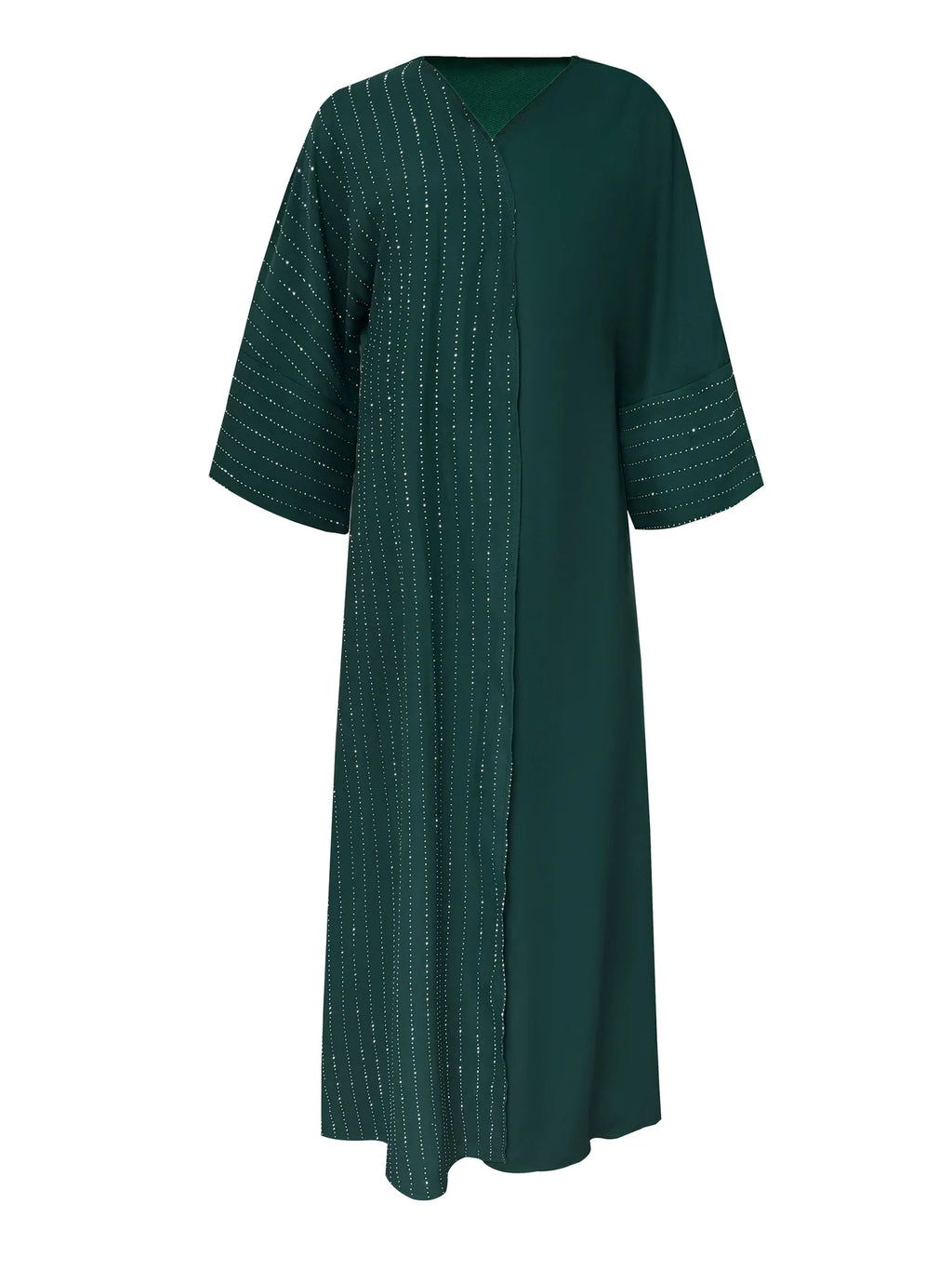 Elegant Long Sleeve Open Cardigan Middle East Fashion Loose Women's Muslim Polyester Fabric Glitter Diamond Patchwork Dark Bu...