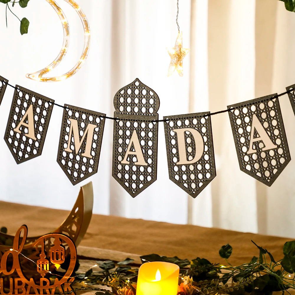Ramadan Mubarak Banner - Hollow Lantern Hanging Garland for Islamic Muslim Eid Festival Home Party Ornament Wall Decor Supplies