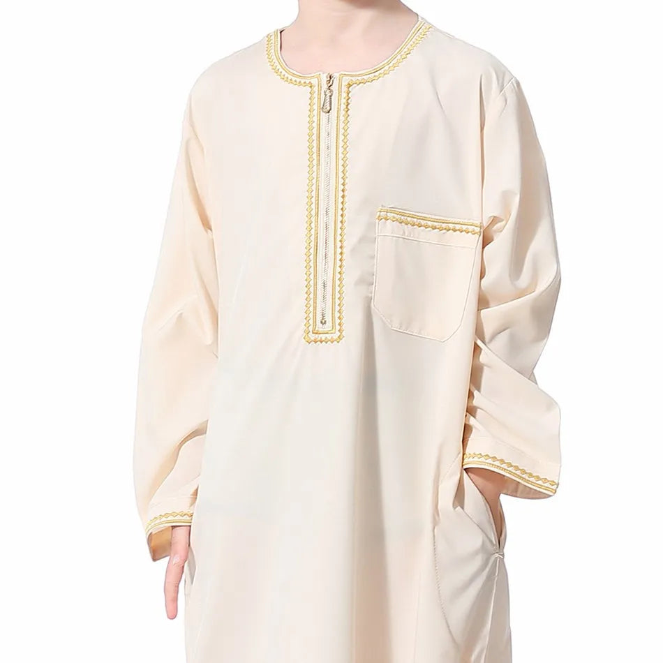 2025 New Children Thawb Teens Summer Muslim Robe Kids Arab Folk Clothes Boys Solid Color Thobe 5-14 Years National Outfit