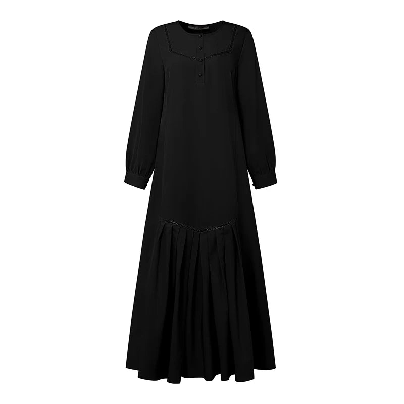 Dress Elegant Women Maxi Dresses Fashion Long Lantern Sleeve Robe Pleated Sundress IsIamic Clothing