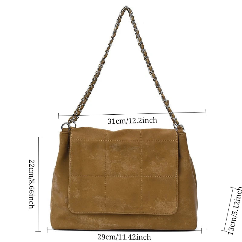 New Retro Pu Commuting Tote Bag for Women  Large Capacity Shopping Accessorise Shoulder Bag  Simple Leisure Texture Chain Bag