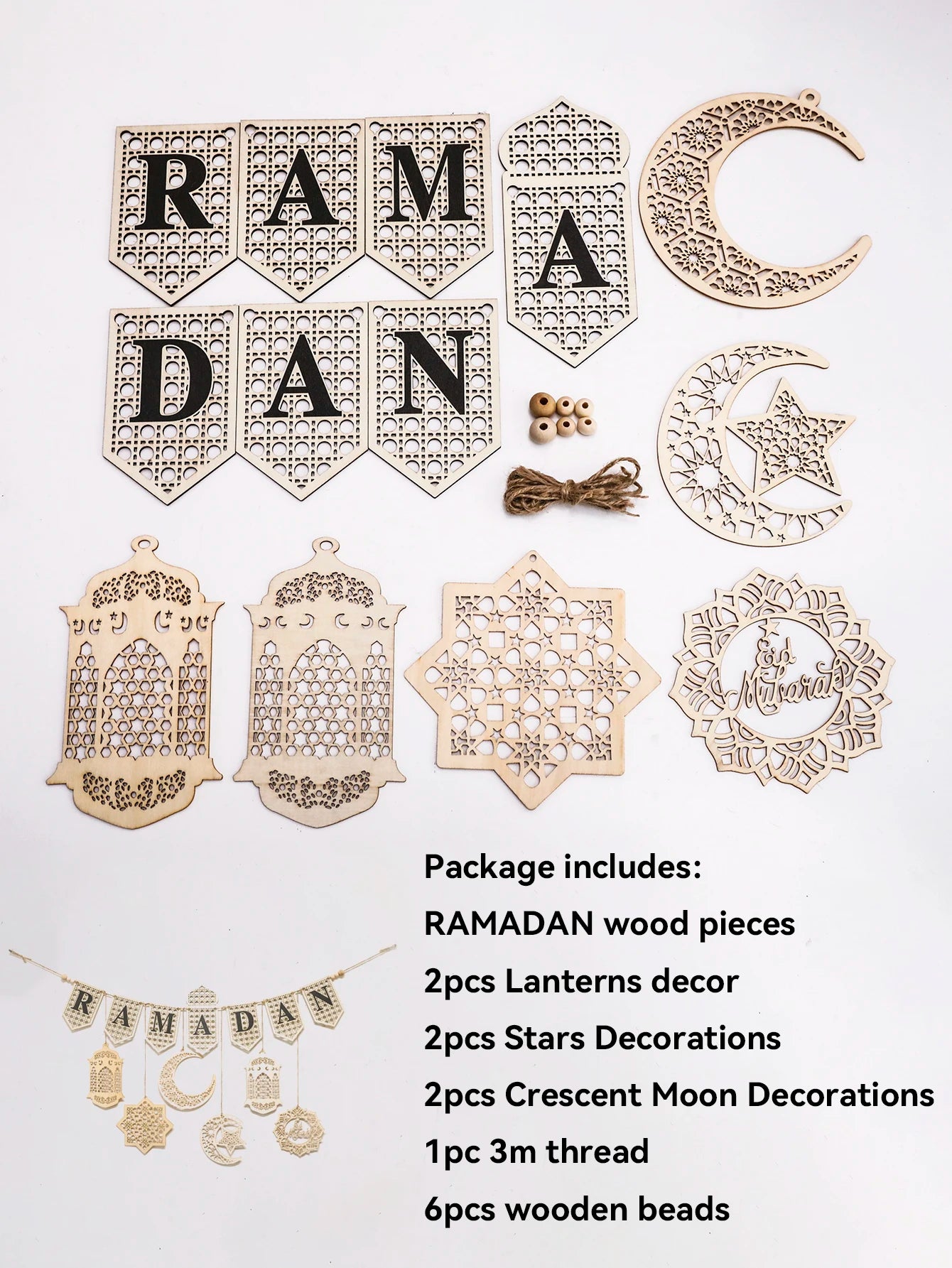 Ramadan Kareem Wooden Banner Garland - Islamic Moon Star Lantern Hanging Decor for Muslim Festival Home Party Wall Ornament Gift