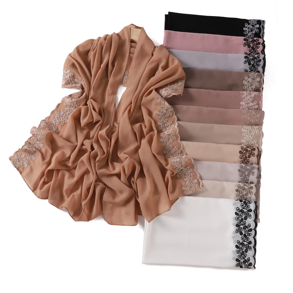 Embroidery Lace Chiffon Hijabs for women Vine Heavy Pearl Industry Edge Long Scarf Light Scarf Headscarf Shawl Turban Ramadan