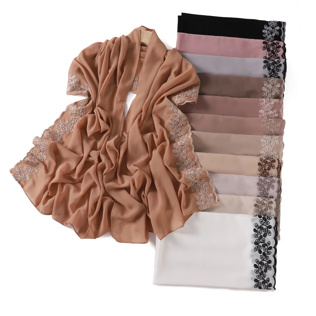 Embroidery Lace Chiffon Hijabs for women Vine Heavy Pearl Industry Edge Long Scarf Light Scarf Headscarf Shawl Turban Ramadan