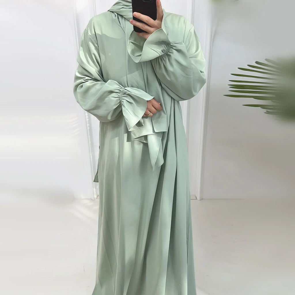 Eid Abaya with Integrated Hijab Scarf Zipper Front Islamic Jilbab One Piece Muslim Women Dress Prayer Clothes Dubai Ramadan