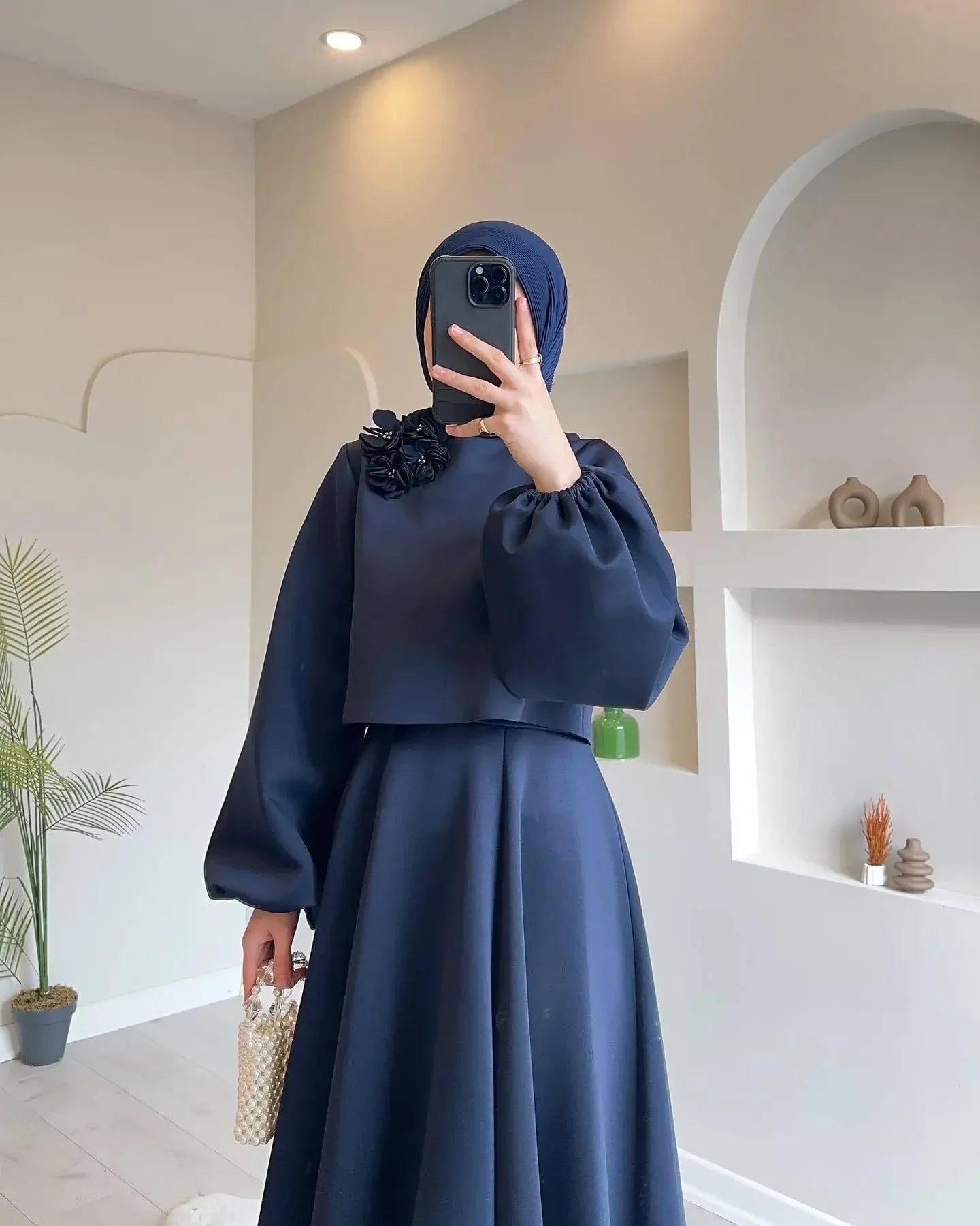 Fashion Set 2 Piece Women Lantern Sleeve Top Shirt & Skirts Suits Musulman Ensembles Jalabiya Appliques Muslim Sets