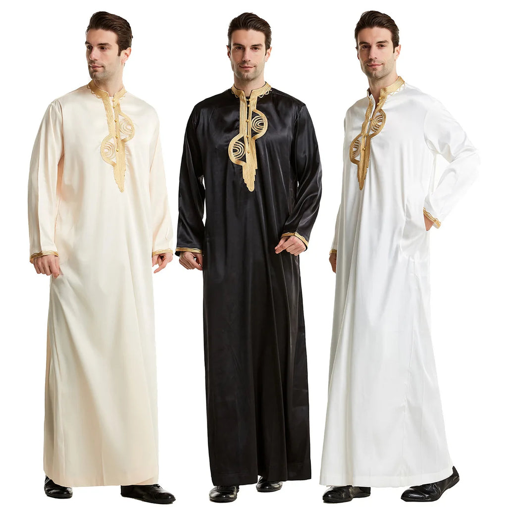 Men's Fashion Embroidered Long Robe Muslim Jubba Thobe Stand Collar Long Sleeve Daily Wear Polyester Spring Autumn