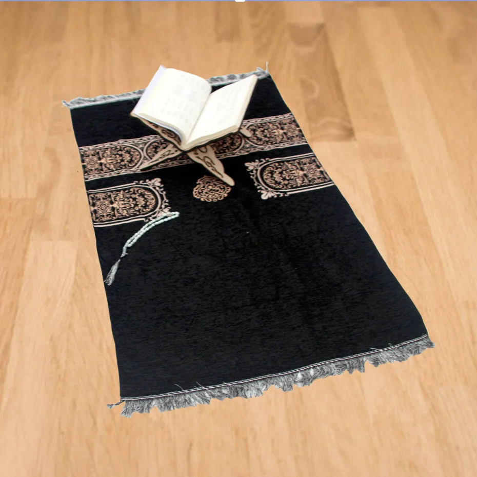 Muslim Prayer Rug and Prayer Beads with Elegant Design Cylinder Gift Box Soft Islamic Gifts Set Carpet Mat Black