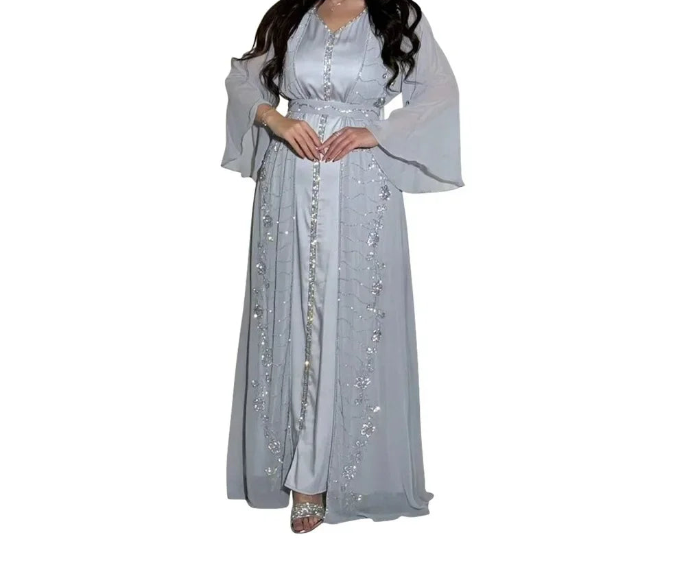 Muslim Set Dress Women Four-season Commute Muslim Set Fashion Party Dubai Turkey Long Sleeve Chiffon Cardigan Dress and Vest 2ps