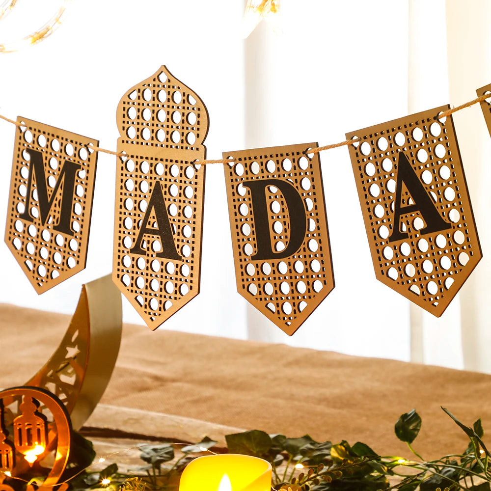 Ramadan Mubarak Banner - Hollow Lantern Hanging Garland for Islamic Muslim Eid Festival Home Party Ornament Wall Decor Supplies