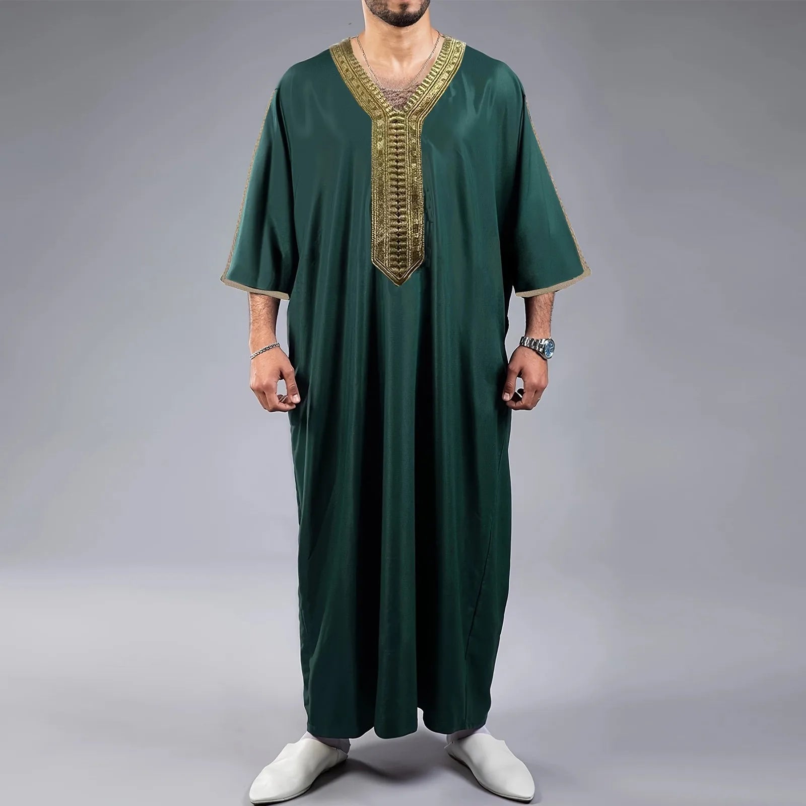 Men's Long Sleeve Muslim Robe Arab Middle Eastern Style Embroidered Loose Fit Casual Prayer Shirt for Spring And Summer