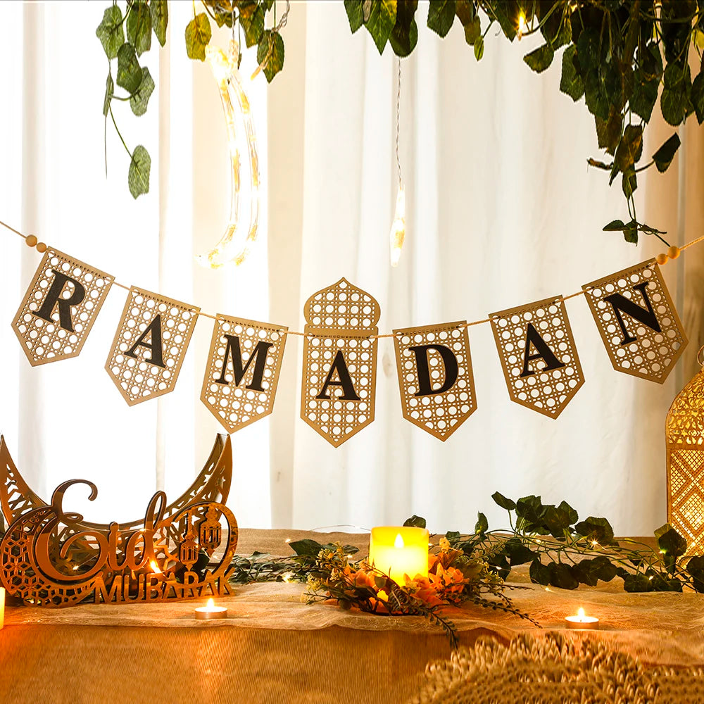 Ramadan Mubarak Banner - Hollow Lantern Hanging Garland for Islamic Muslim Eid Festival Home Party Ornament Wall Decor Supplies