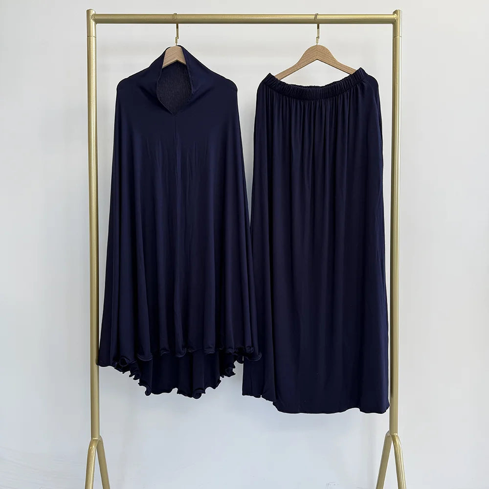 Cotton Jersey Prayer Set Stretchy EID Ramadan Islam Muslim Women Satin Rope Instant Hijab Khimar Skirt Pockets 2 Piece Jilbab