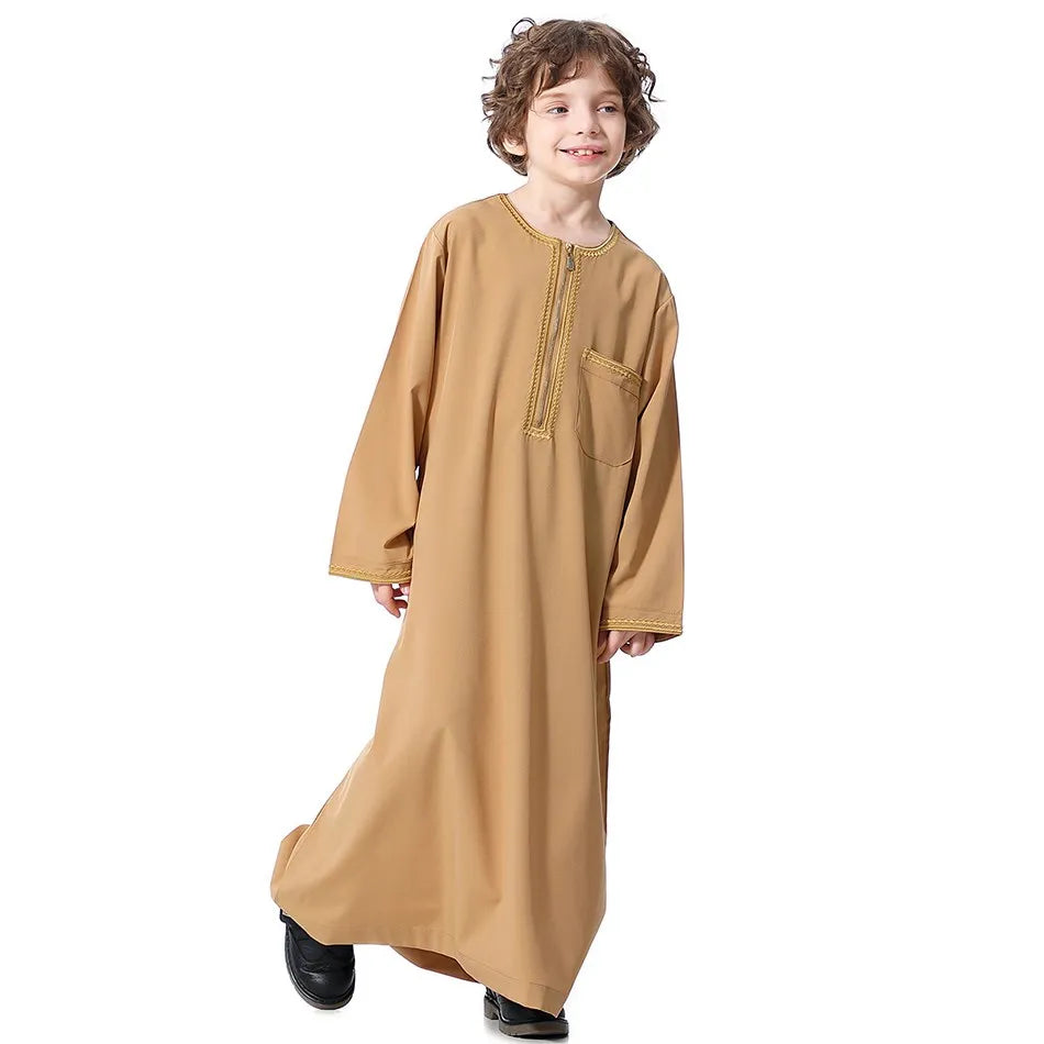 2025 New Children Thawb Teens Summer Muslim Robe Kids Arab Folk Clothes Boys Solid Color Thobe 5-14 Years National Outfit