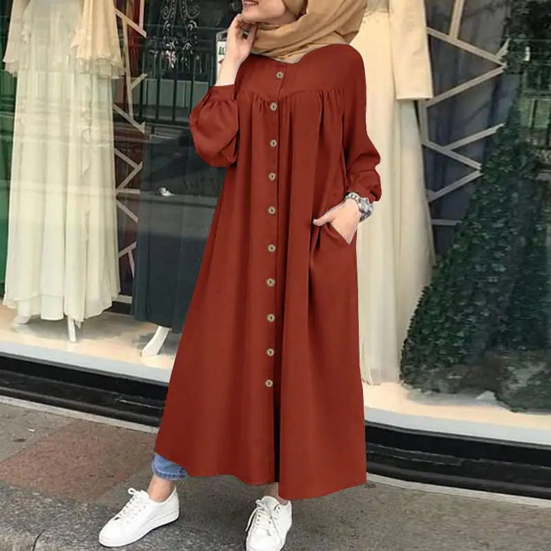 Casual Long Sleeve round Neck Pocket Women's  Muslim Fashion Comfortable Commuting Style Polyester Fiber D...