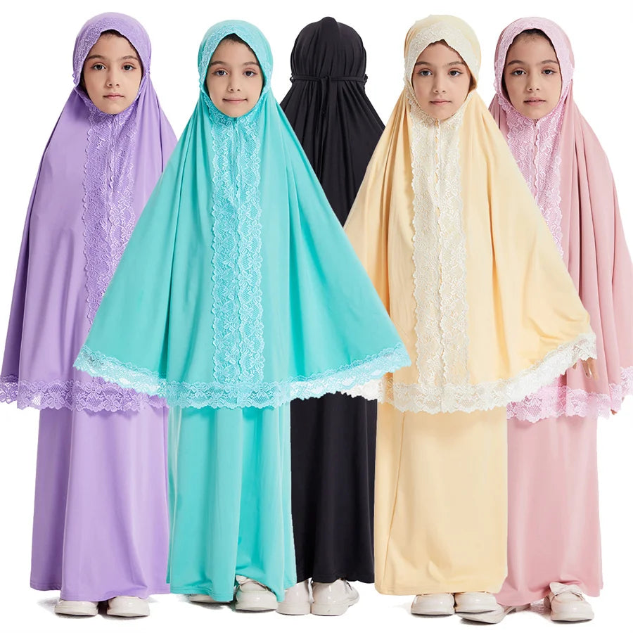 Ramadan Eid Kaftan Girls Khimar Abaya Set Kids Dubai Turkey 2 Piece Hijab Muslim Dress Islam Khimar Skirt Robe Prayer Clothes
