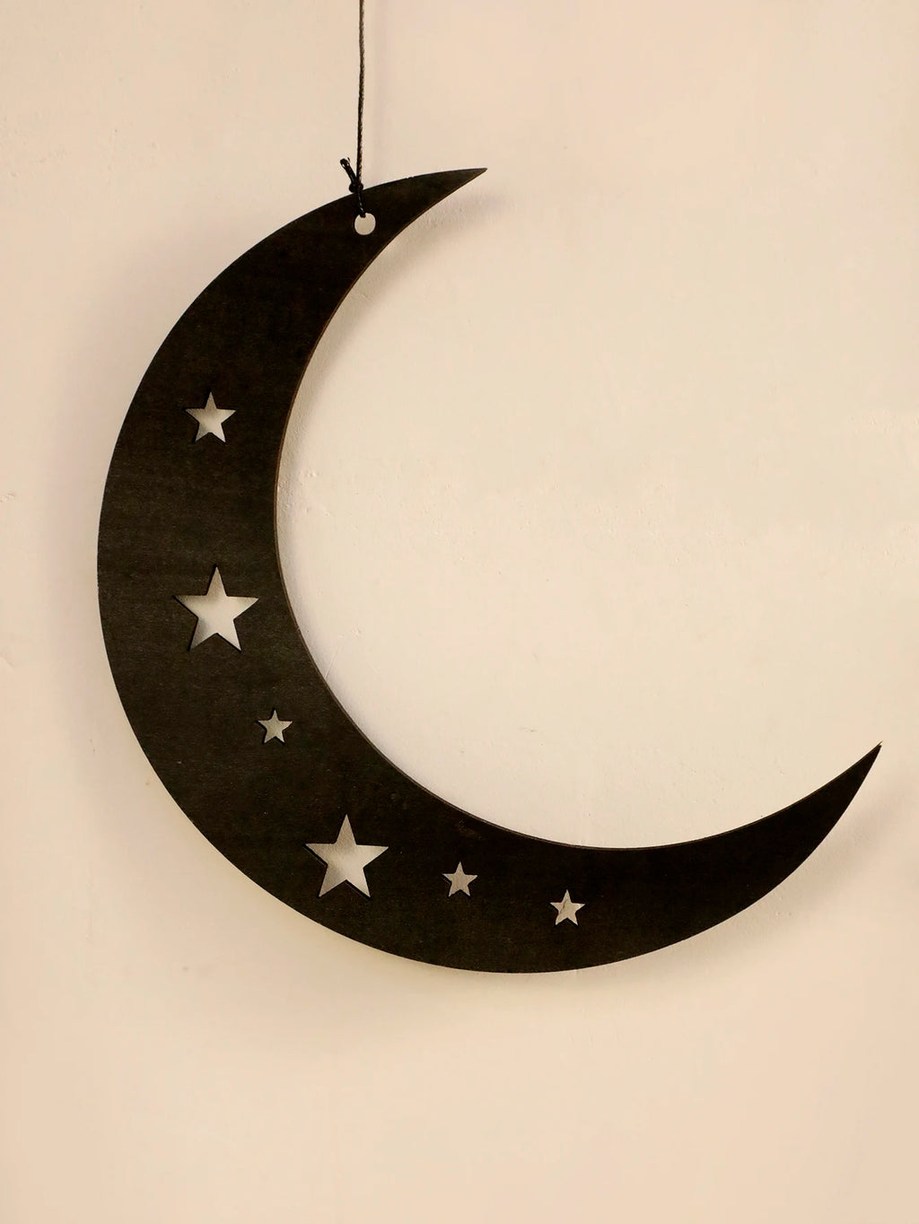 Islamic Moon and Lantern Wall Hanging - Black Wooden Laser-Cut Crescent Moon with Stars Tassels，Eid Home Decor Moroccan Lanterns