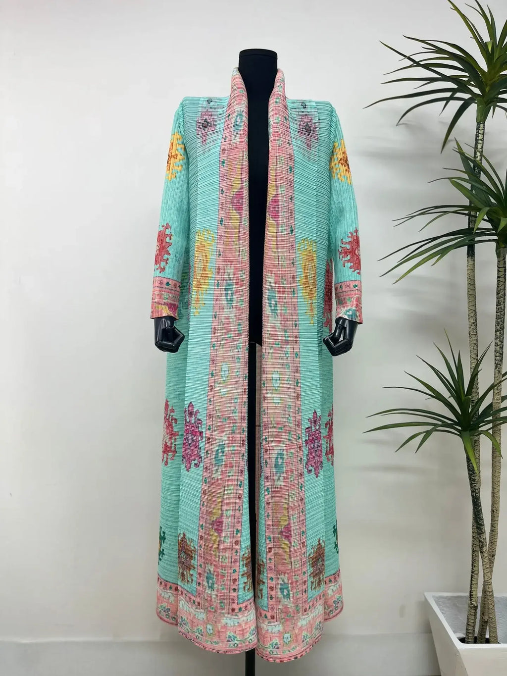 Miyake Pleated Women's Long Cardigan Windbreaker Coat Autumn New Ethnic Style Printing Loose Plus Size Dress Cloak Robe