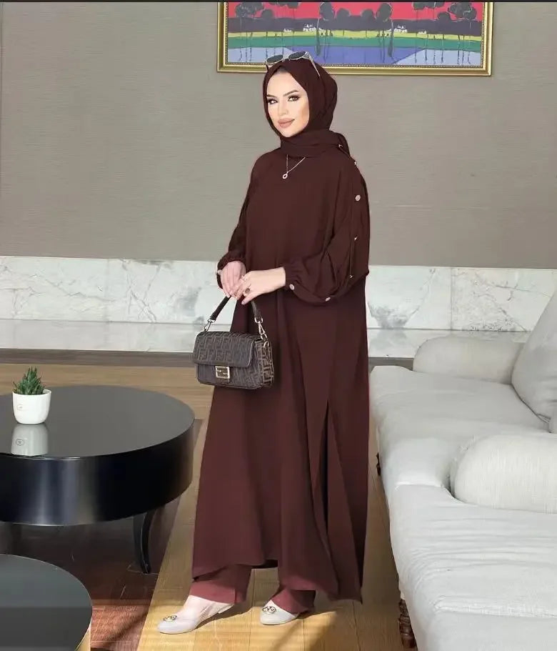 New Muslim Women's Long Bubble Sleeve round Neck Gold Button Loose Casual Fashion Solid Color Set with Pocket