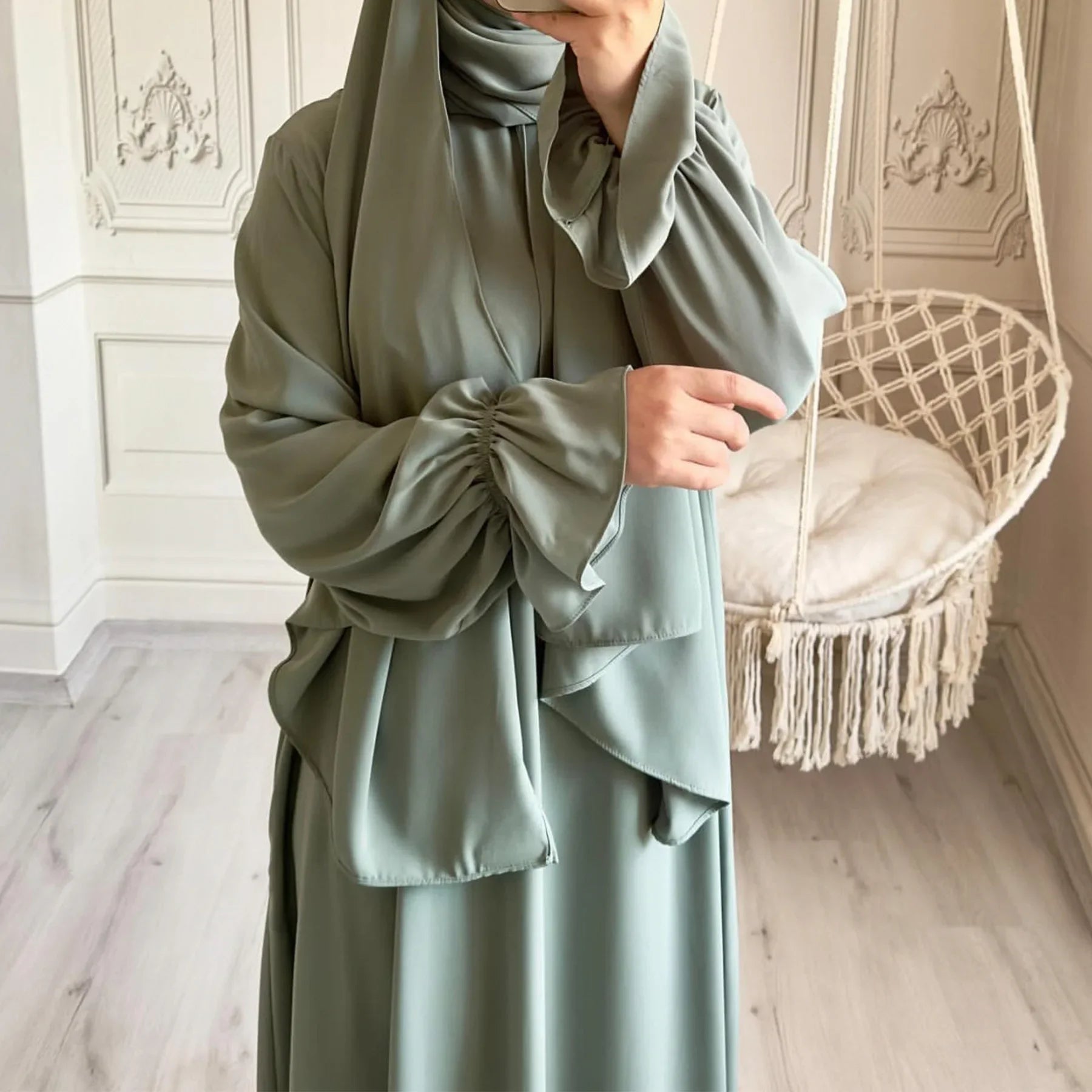 Eid Abaya with Integrated Hijab Scarf Zipper Front Islamic Jilbab One Piece Muslim Women Dress Prayer Clothes Dubai Ramadan