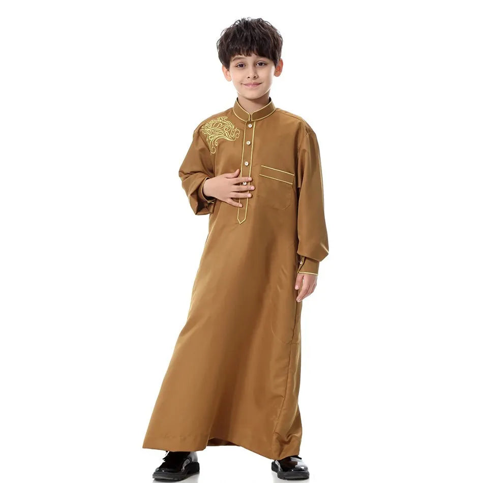 2025 New Kids Robe Children Embroidery Outfit Boys Ramadan Thawb Teens Long Sleeve National Clothes Arab Muslim Thobe 5-12 Years