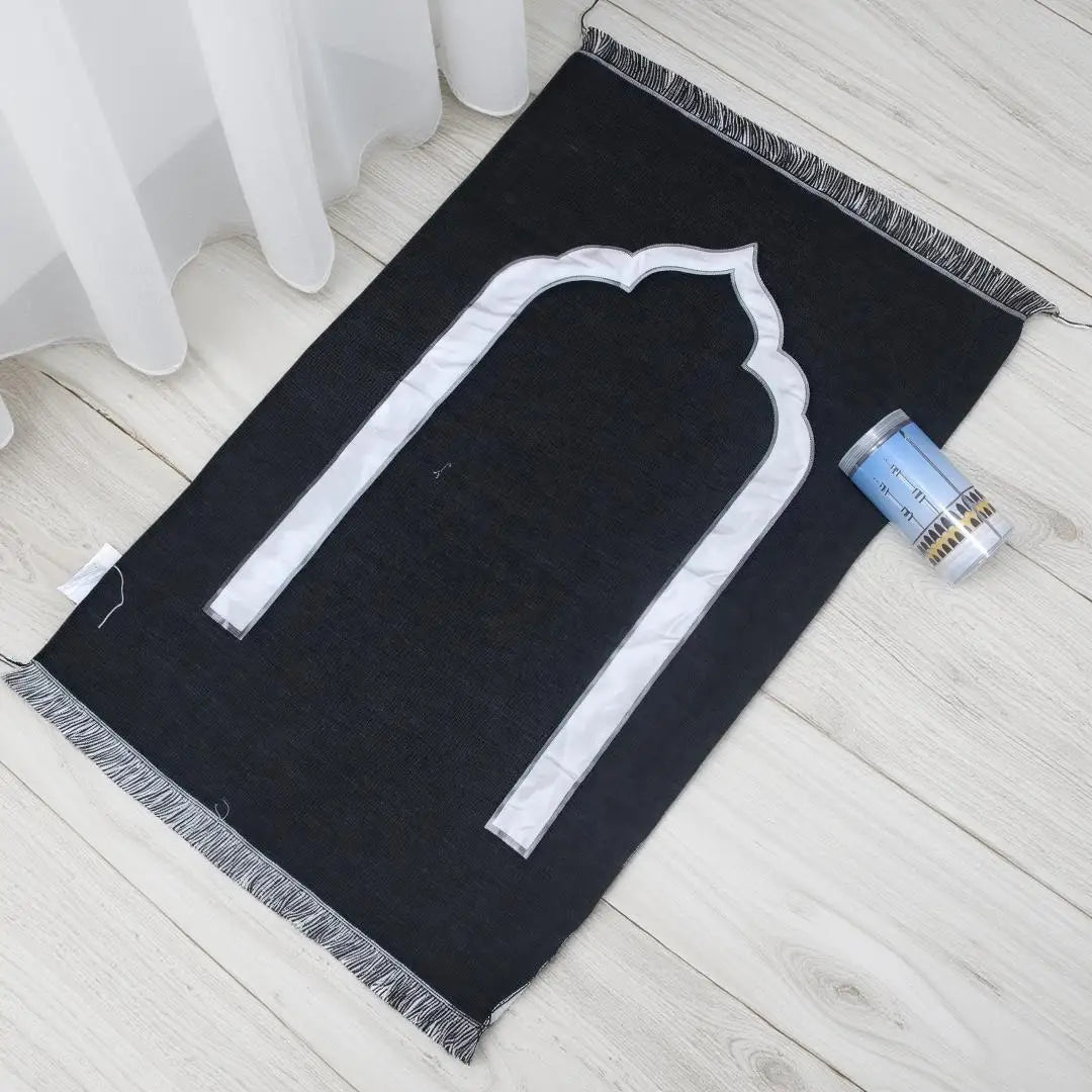 Muslim Prayer Rug and Prayer Beads with Elegant Design Cylinder Gift Box  Islamic Gifts Set Carpet Mat Soft Fabric Black