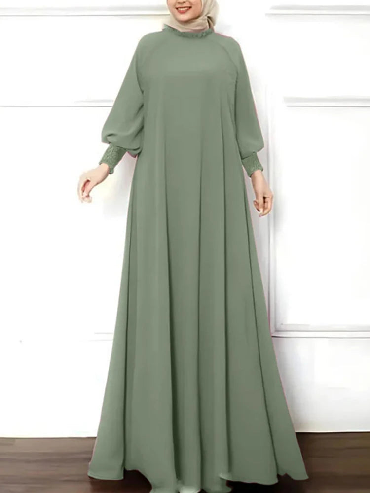 Maxi Dress Solid Women Long Sleeve Islamic Hijab Vestidos Ruffled O Neck Shirring Cuff Abaya Robes