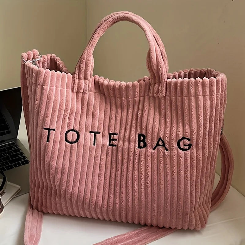 Large Capacity Striped Velvet Handbag Shoulder Bag for Woman Handbags Crossbody Bags, Versatile Letter Corduroy Women's Tote Bag