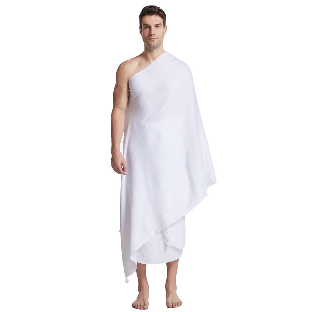 2Pcs White Ihram Pilgrimage Towel For Muslim Arab Mecca Hajj Clothes Men Islamic Ramadan Prayer Worship Costumes Shawl Jubba Set