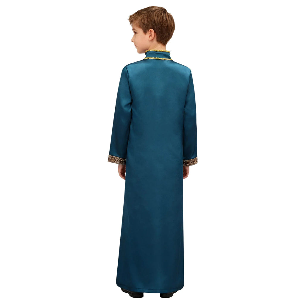 Boys Islamic Robe Kaftans Arab Gown Long Sleeves Slit Zipper Gold Embroidery Maxi Muslim Thobe Kids Festival Holiday Costume