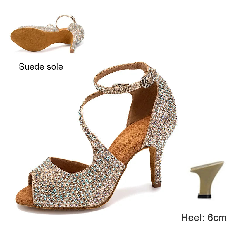 Dance Shoes For Women Ballroom Tango Rhinestones Dancing Shoes High Heels Black/Silver/Gold Women's Wedding Shoes