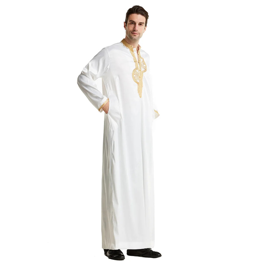 Men's Fashion Embroidered Long Robe Muslim Jubba Thobe Stand Collar Long Sleeve Daily Wear Polyester Spring Autumn