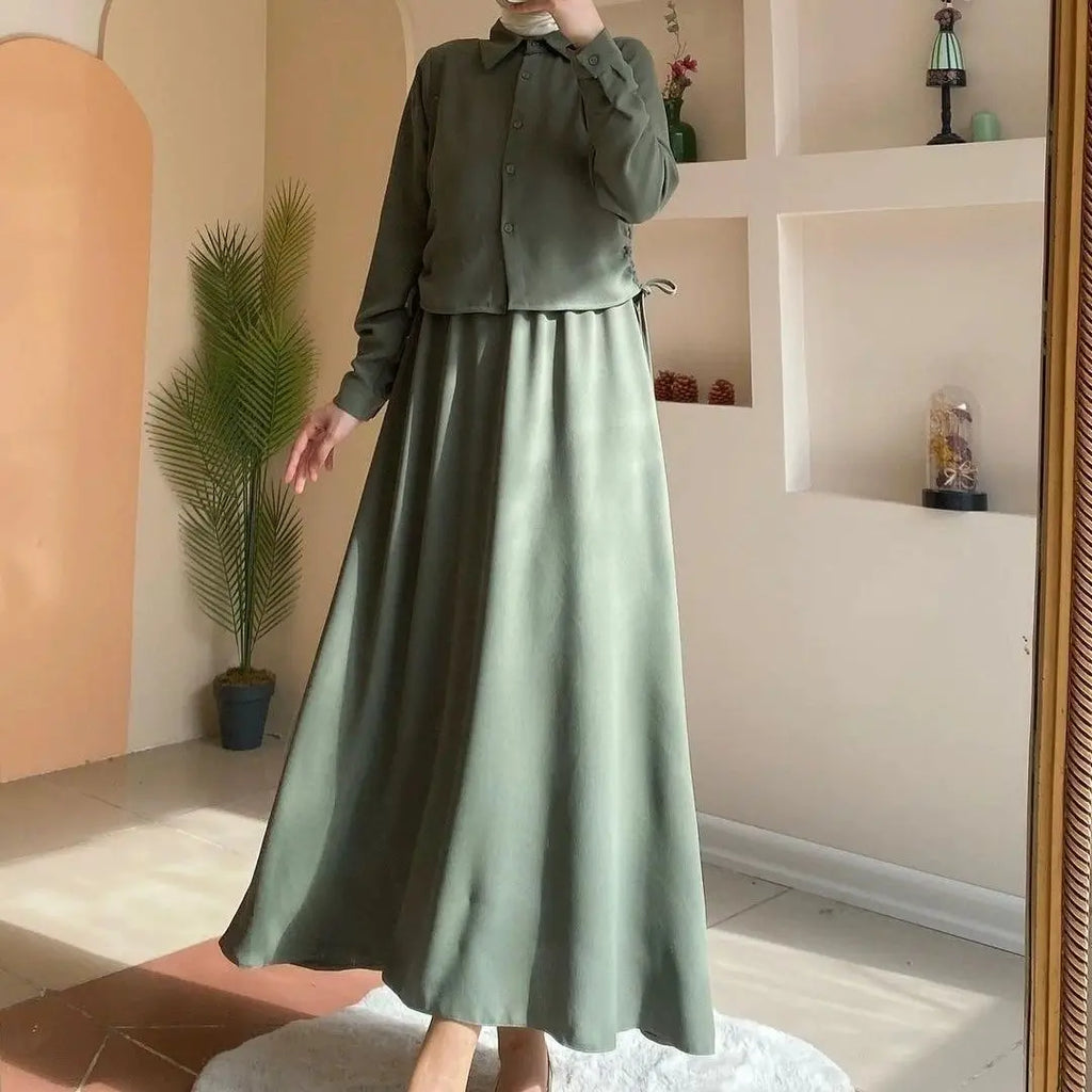 Fashionable Long Sleeve Midi Skirt Set New Arrival Two Piece Women's Clothing Spring  Detail PVC Fabric Casual Outfit